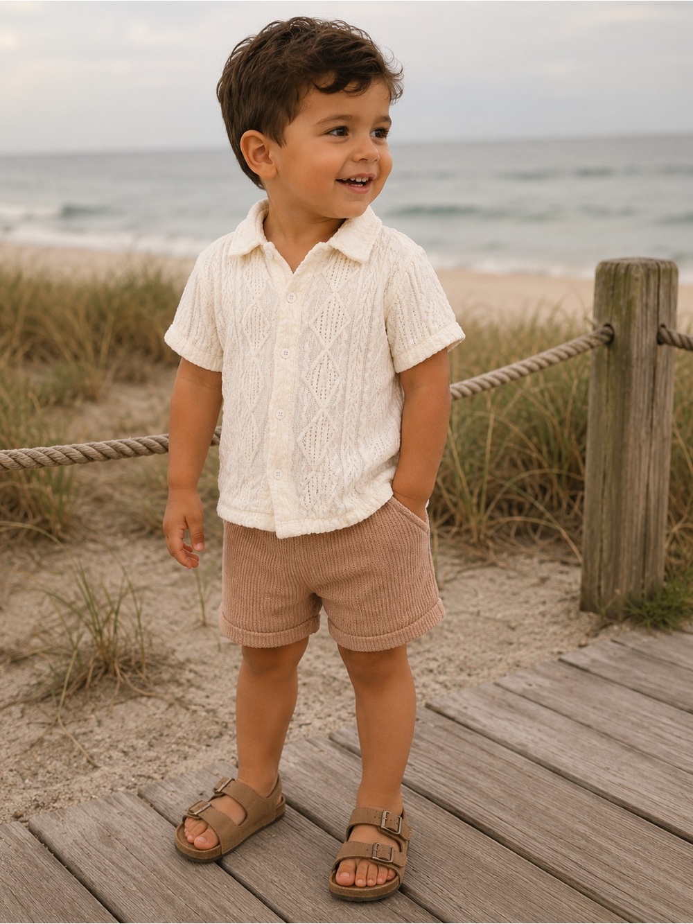 Matching Toddler Set - Cream Knit Button-Up Shirt with Tan Shorts